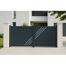 Portail alu 2 battants plein droit lames fougères LONDON décor alunox