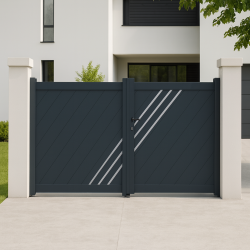 Portail alu 2 battants plein droit lames fougères LONDON décor alunox