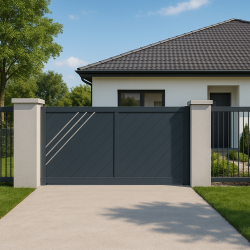 Portail alu coulissant plein droit lames fougères LONDON décor alunox