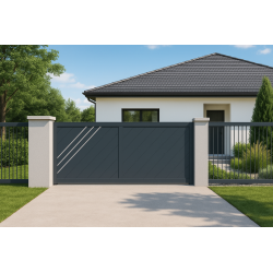 Portail alu coulissant plein droit lames fougères LONDON décor alunox