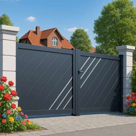 Portail alu 2 battants plein droit lames fougères LONDON décor alunox