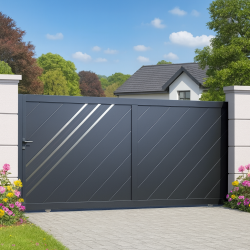 Portail alu coulissant plein droit lames fougères LONDON décor alunox