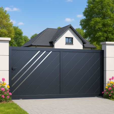 Portail alu coulissant plein droit lames fougères LONDON décor alunox